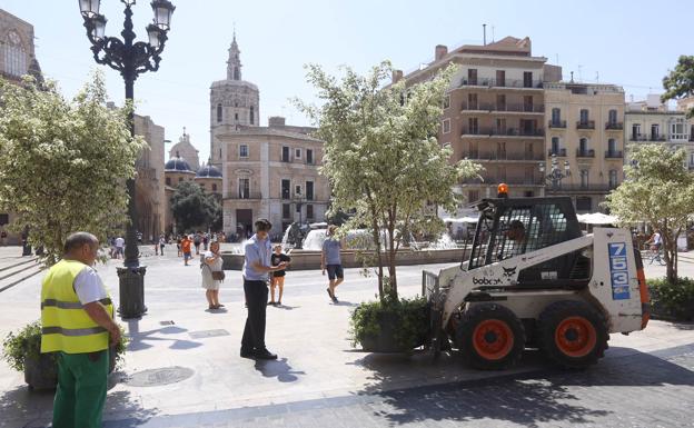 Instalación de uno de los maceteros en la plaza de la Virgen.