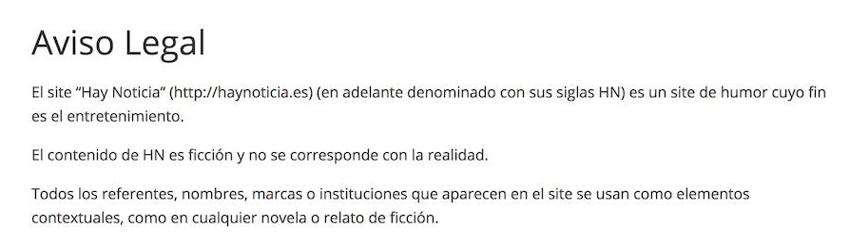 Captura del aviso legal de la página 'Hay Noticia'.