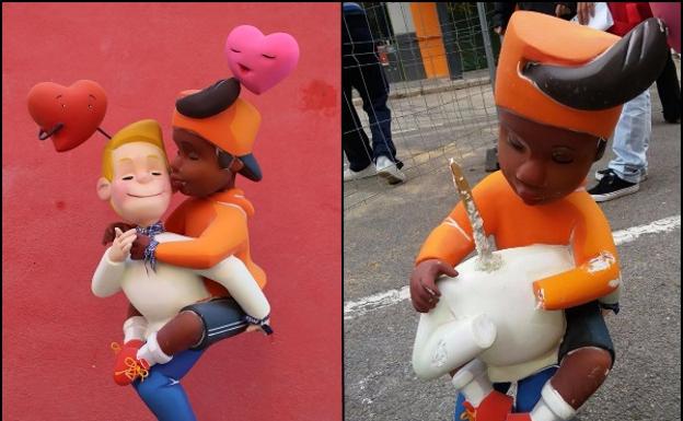 El ninot, antes y después del ataque homófobo./La comisión