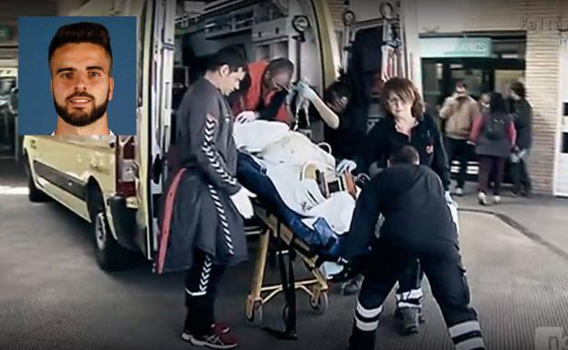 El médico del Albacete, Juan Miguel Armero, ayuda al traslado al hospital de Pelayo Novo. Arriba, a la izquierda, una imagen del jugador. /CUATRO / ALBACETE BALOMPIÉ