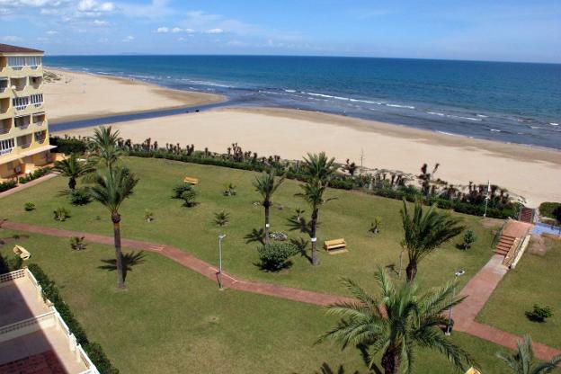 Parte del jardín de la urbanización Marina Racons y la playa donde se instala la concesión del kitesurf en Les Deveses. / Tino Calvo