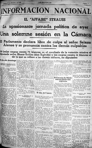 Arriba, Uno de los chistes que el dibujante Panach, más tarde "Milo", publicó en nuestro periódico durante el "Affaire Strauss". Abajo. Una página de LAS PROVINCIAS con información de la crisis./