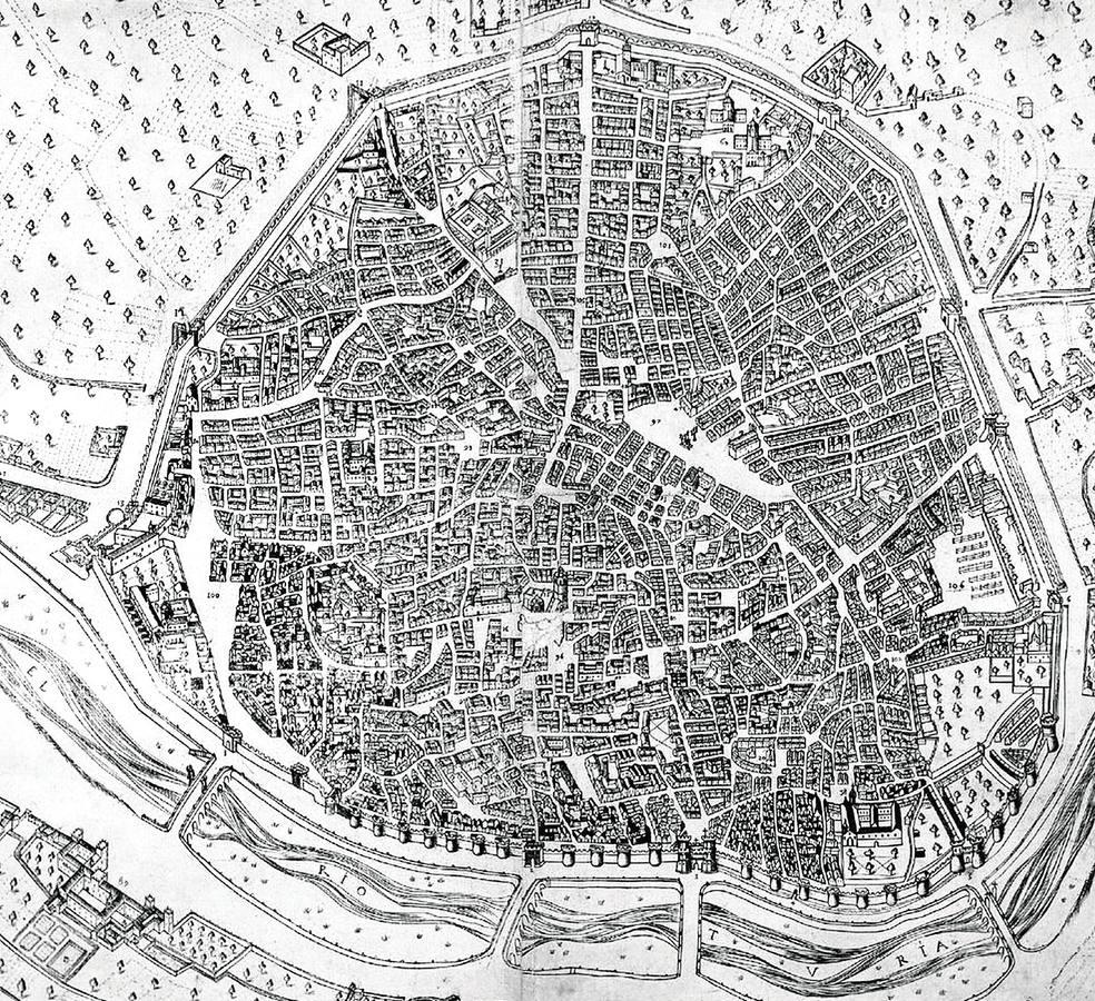 Plano de 1608. Plano de Valencia de Mancelli donde se observan las puertas de la ciudad./LP