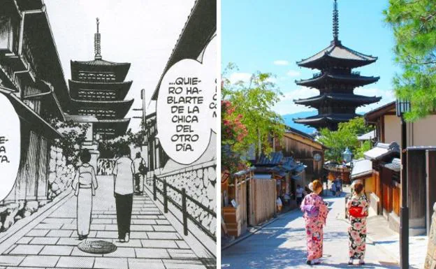 Viñeta de 'Historias de Kioto' y fotografía de la calle Sannen-Zaka. /