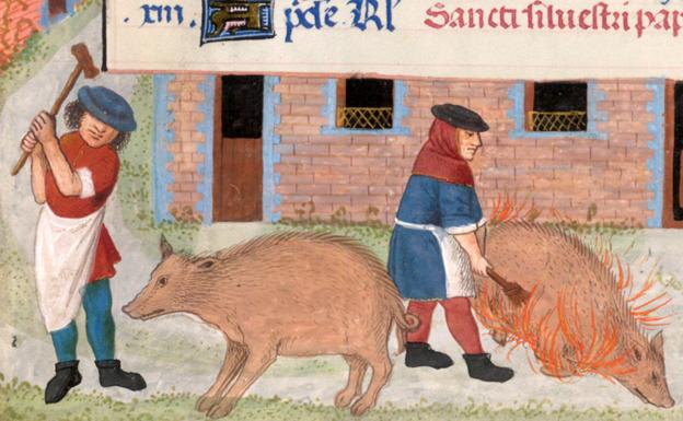 Matanza del cerdo en diciembre, Breviario de Isabel de Castilla ca. 1497./British Library