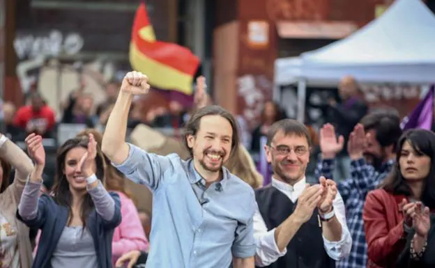 Iglesias, Montero y Monedero, en un acto de campaña en las elecciones de abril de 2019. /E. P.
